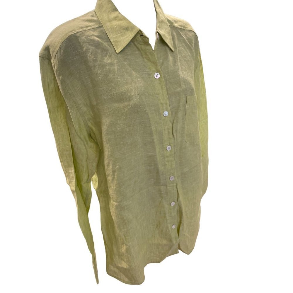 Tommy Bahama Bright Green Linen Long Sleeve Button Down Blouse - Picture 3 of 10